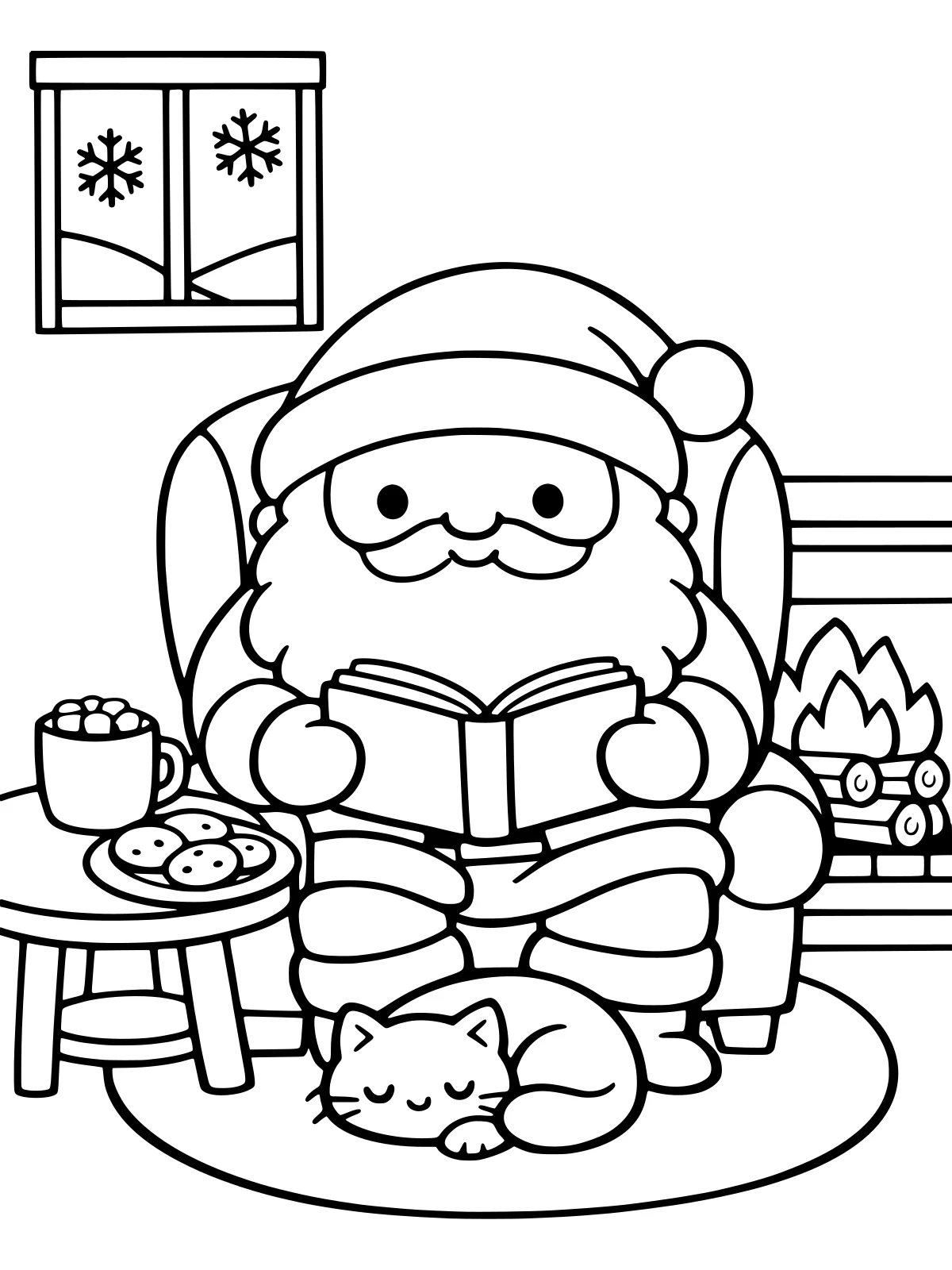 Santa Reading by the Fireplace coloring page: a cute round santa relaxes in an armchair by the fireplace with a book, a mug of cocoa, a plate of cookies and a sleeping cat, bold and easy line art