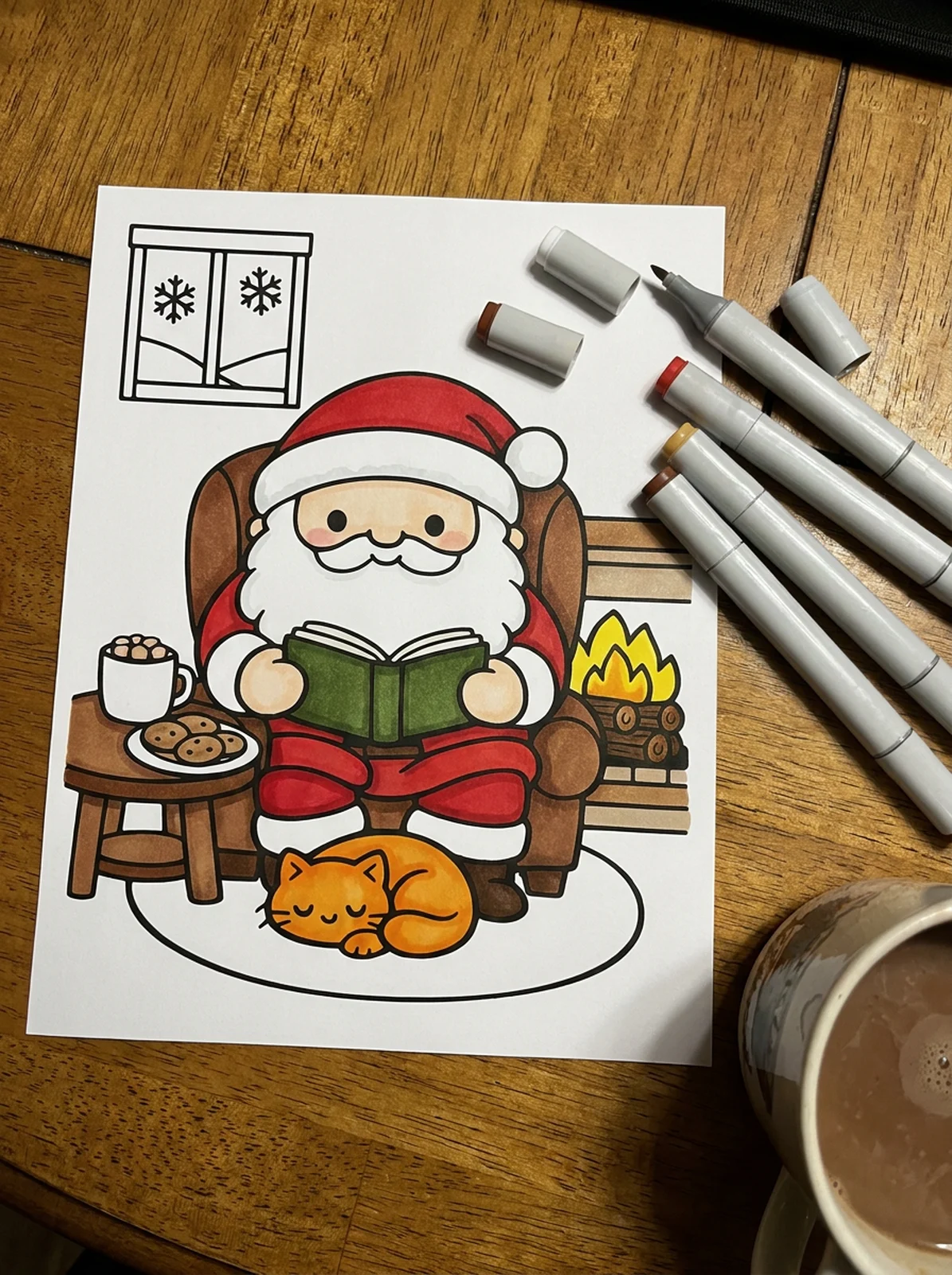 Santa Reading by the Fireplace coloring page printed and half colored with markers