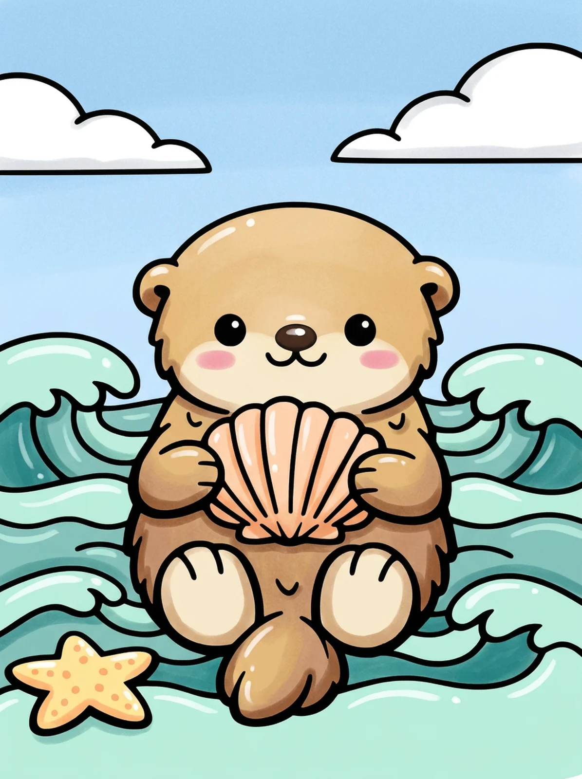 Sea Otter Floating with a Shell coloring page, colored in