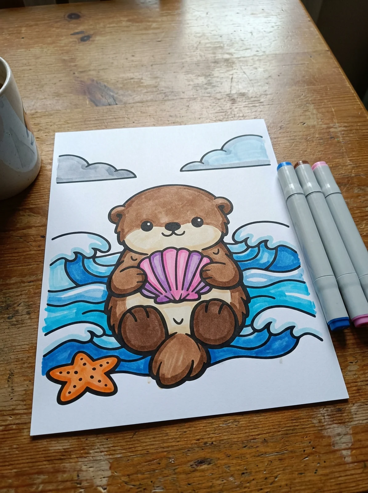 Sea Otter Floating with a Shell coloring page printed and half colored with markers