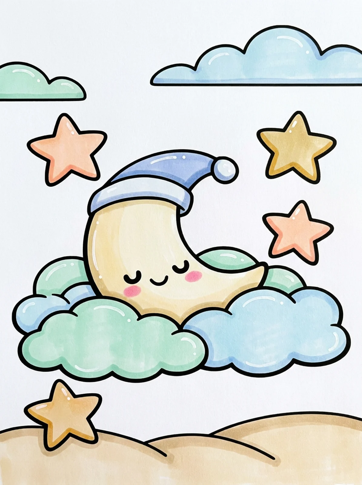 Sleepy Moon and Clouds coloring page, colored in