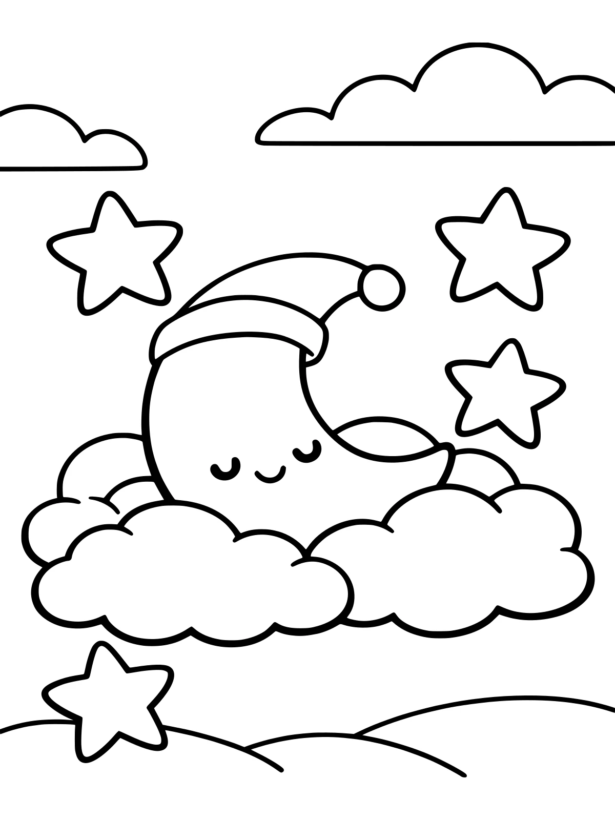 Sleepy Moon and Clouds coloring page: a big smiling crescent moon in a nightcap sleeps on two puffy clouds, with five big simple stars around it, bold and easy line art