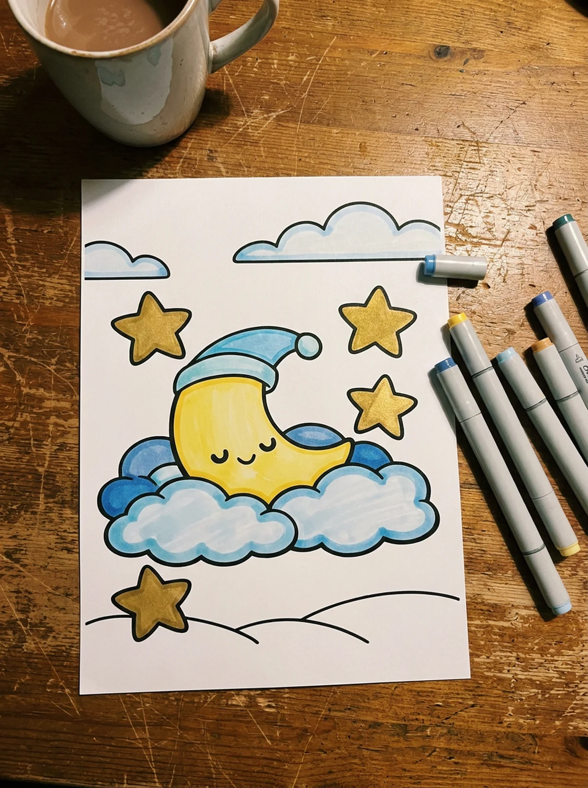 Sleepy Moon and Clouds coloring page printed and half colored with markers