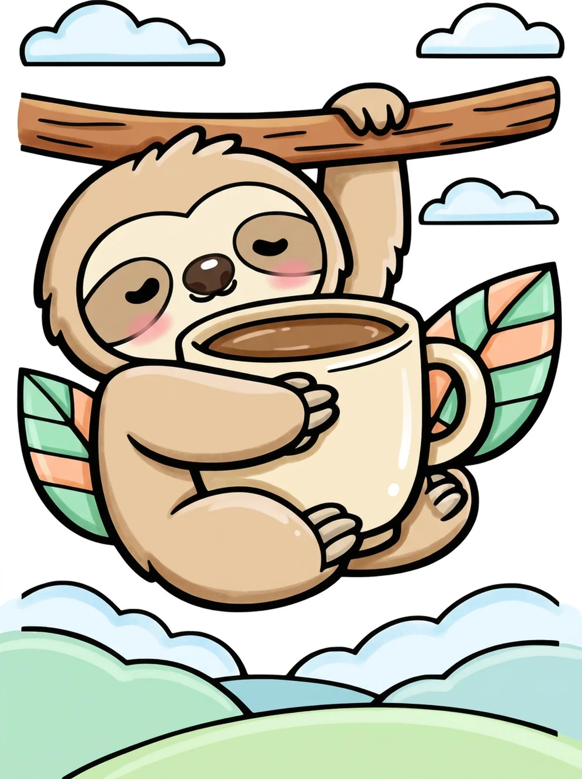 Sloth Hugging a Coffee Cup coloring page, colored in