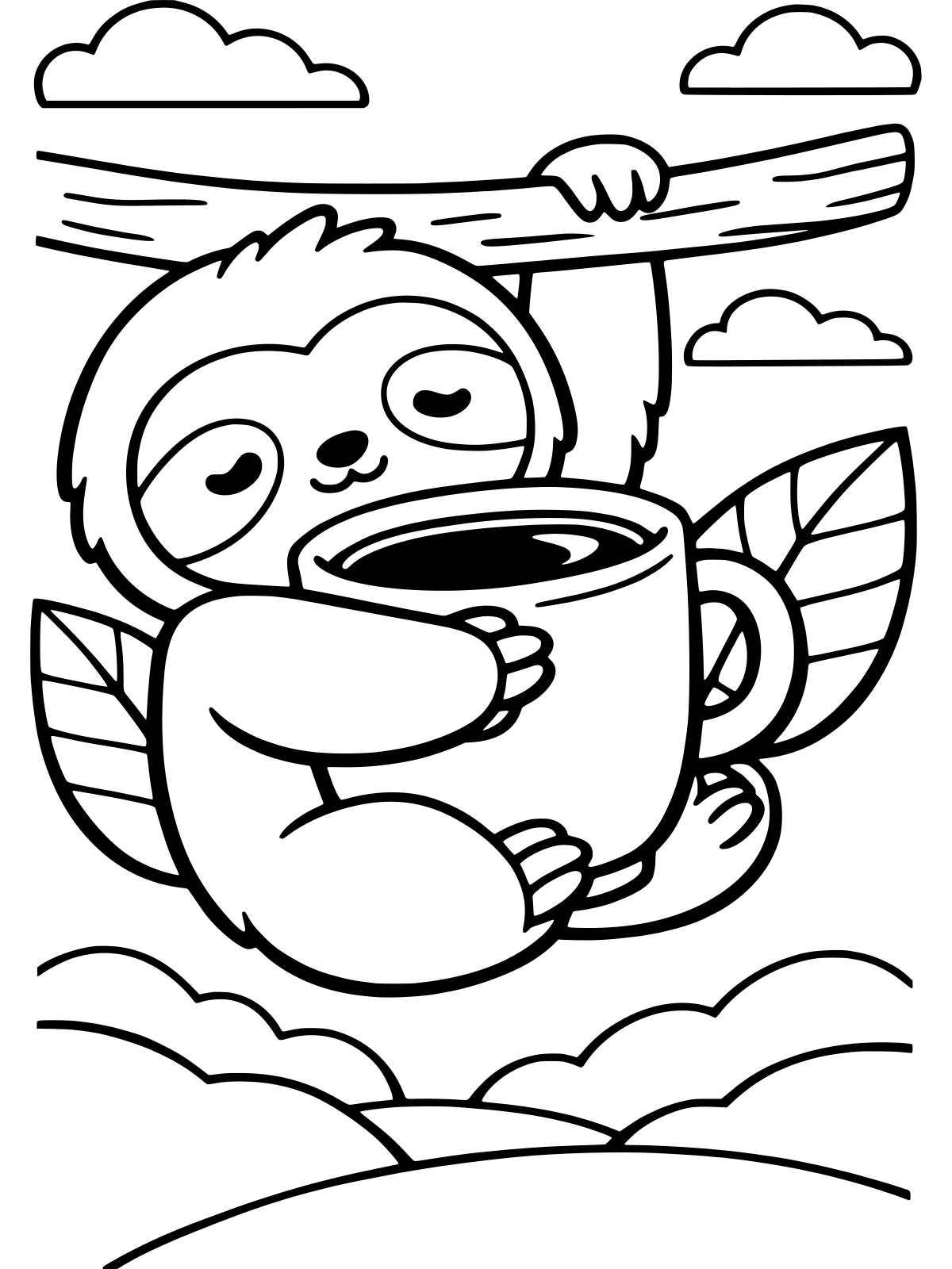 Sloth Hugging a Coffee Cup coloring page: a sleepy sloth hangs from a branch with one arm and hugs a big cup of coffee with the other, bold and easy line art