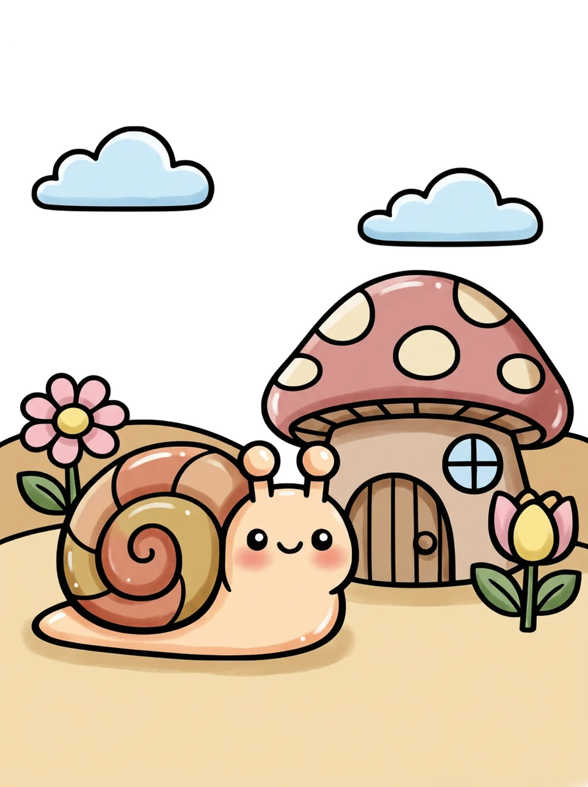 Snail Visiting a Mushroom House coloring page, colored in