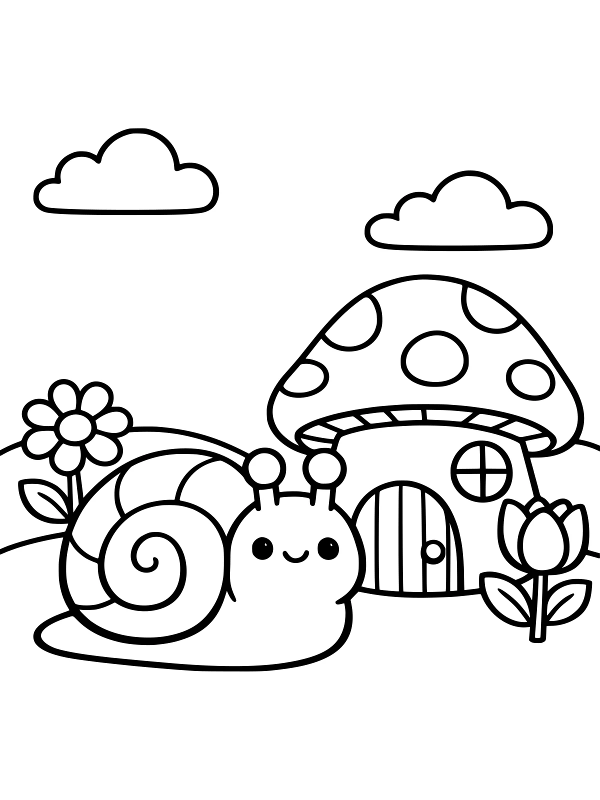 Snail Visiting a Mushroom House coloring page: a cute snail with a big spiral shell stops by a little mushroom house with a round door, a window and two flowers, bold and easy line art