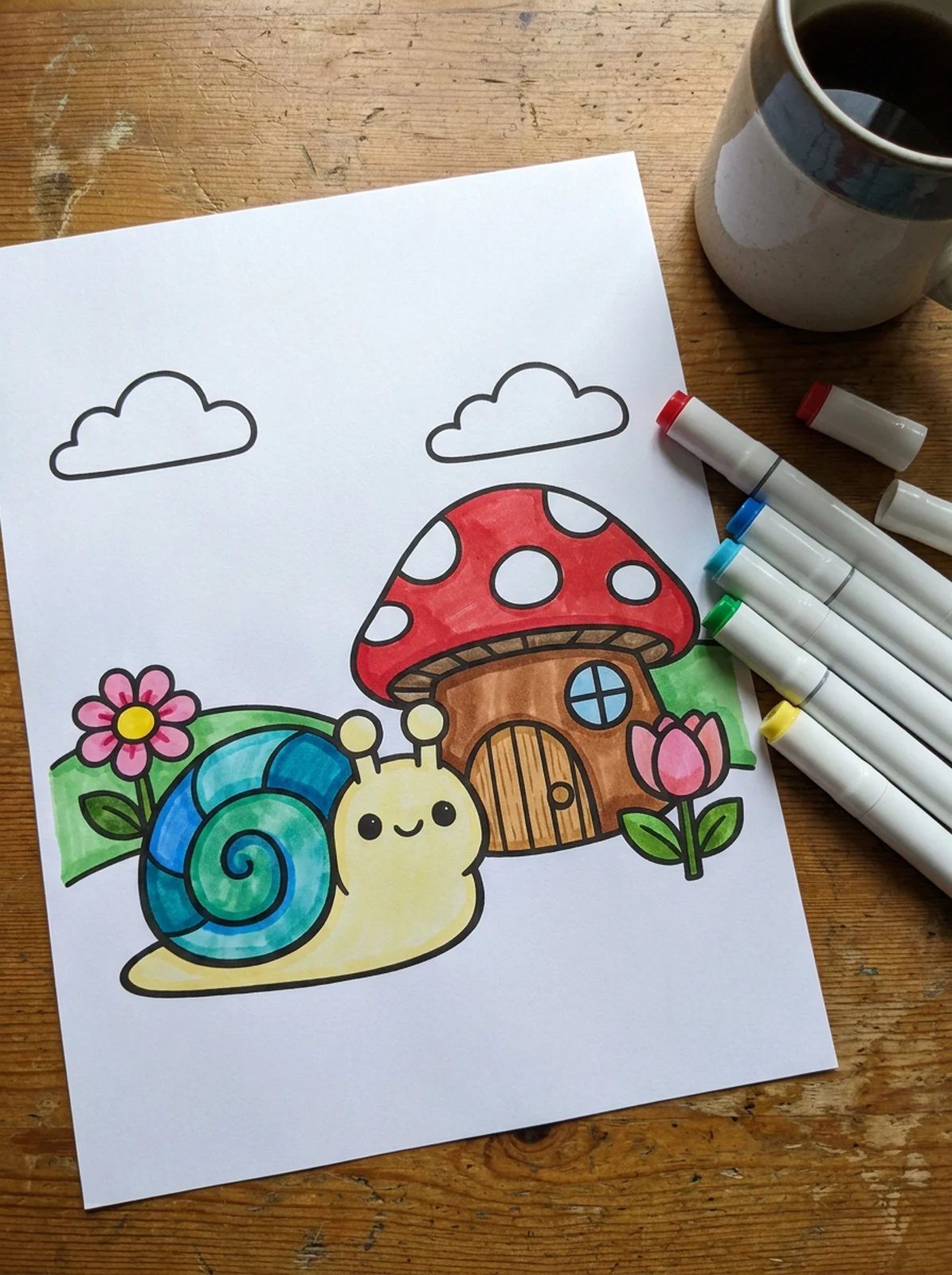 Snail Visiting a Mushroom House coloring page printed and half colored with markers