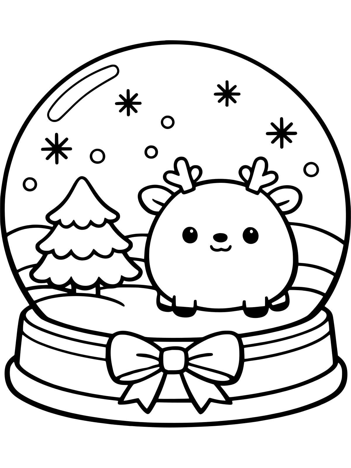Snow Globe with a Little Reindeer coloring page: a big snow globe with a bow on its base holds a little round reindeer beside a pine tree, with a few snowflakes inside, bold and easy line art