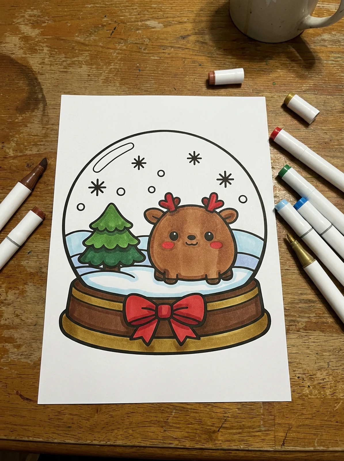Snow Globe with a Little Reindeer coloring page printed and half colored with markers