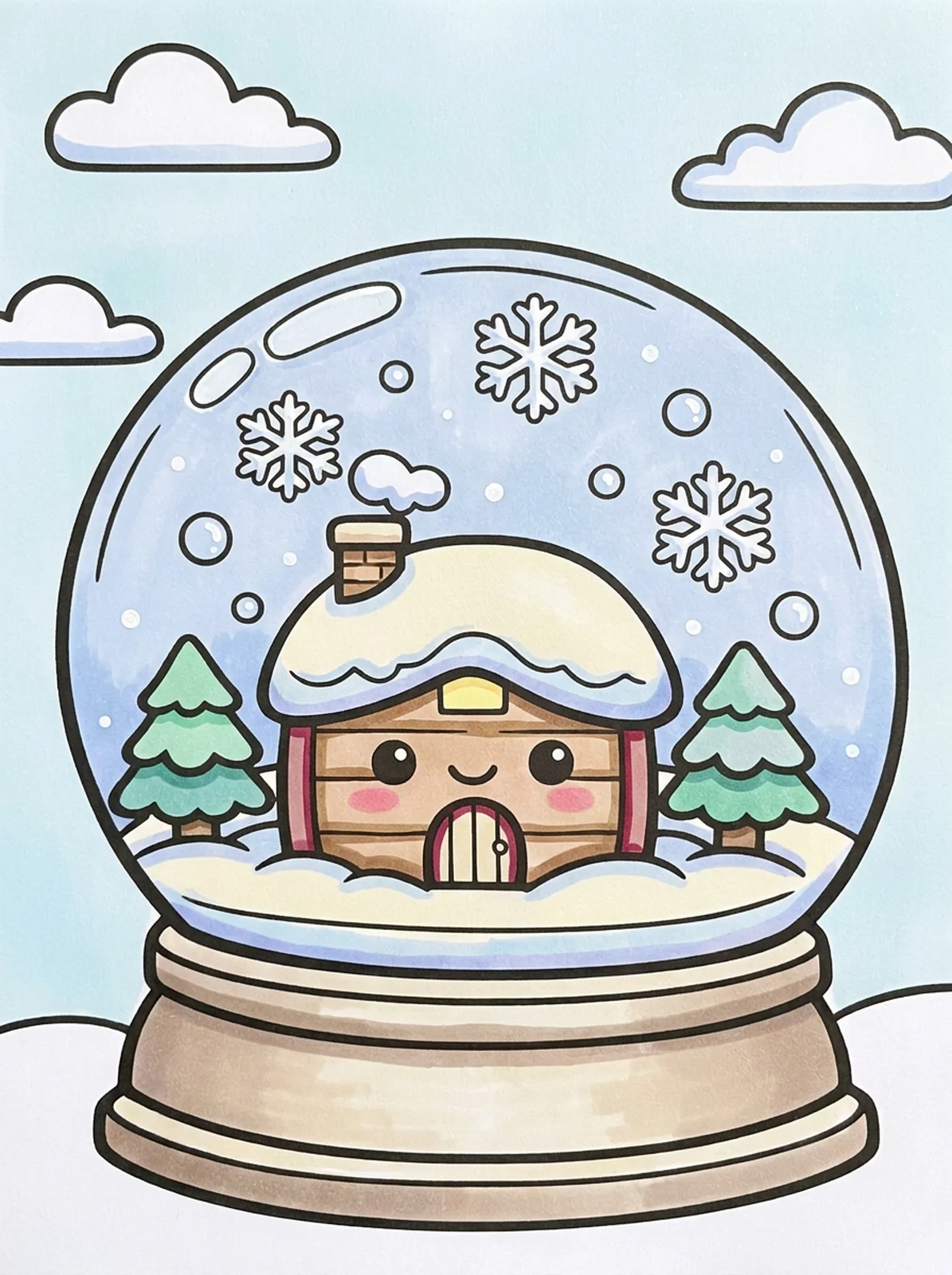 Snow Globe with a Tiny Cottage coloring page, colored in