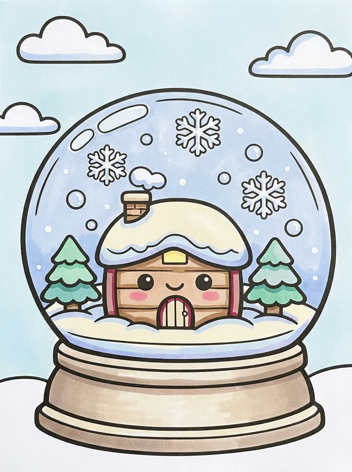 Snow Globe with a Tiny Cottage coloring page, colored in