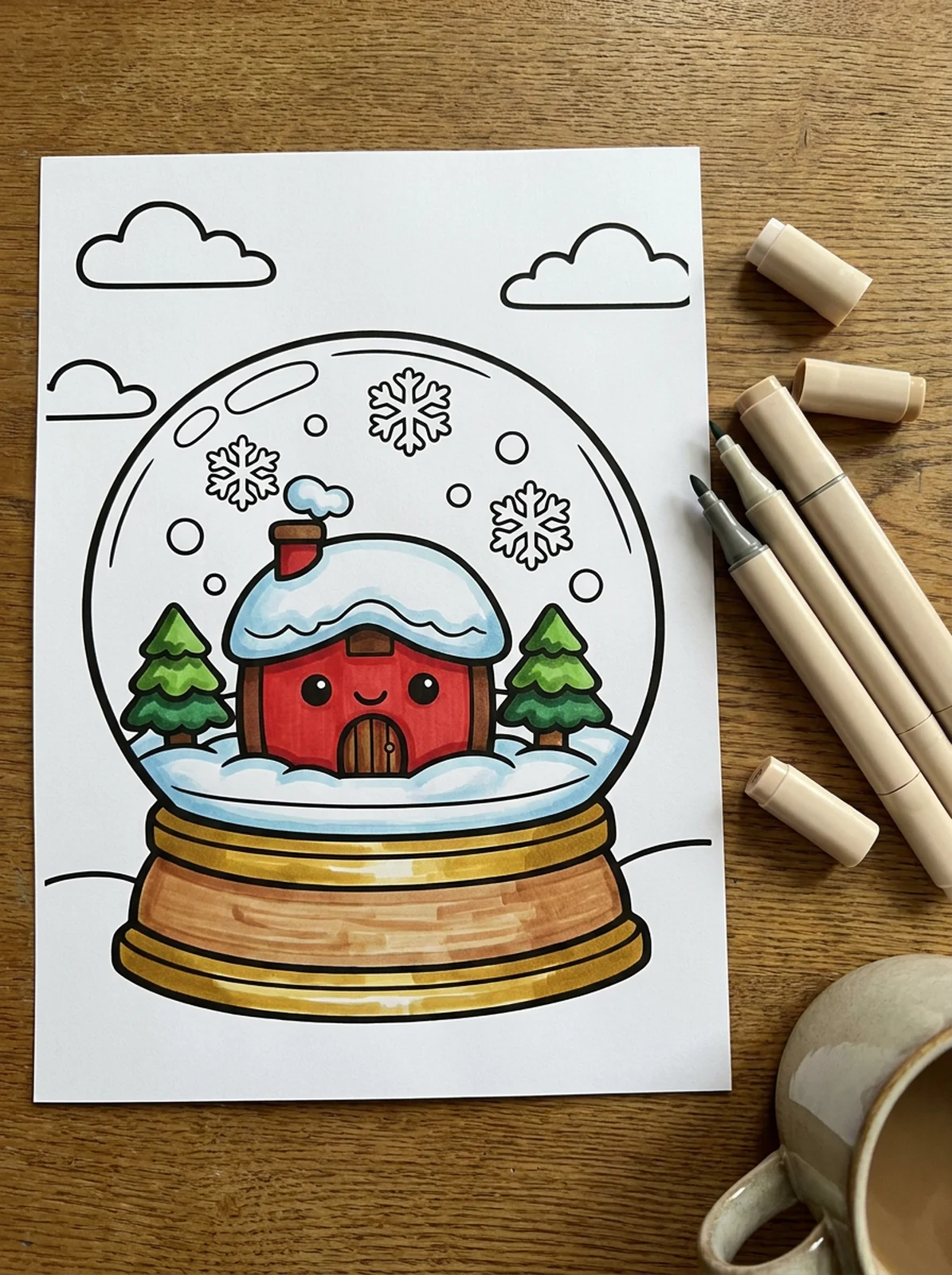 Snow Globe with a Tiny Cottage coloring page printed and half colored with markers