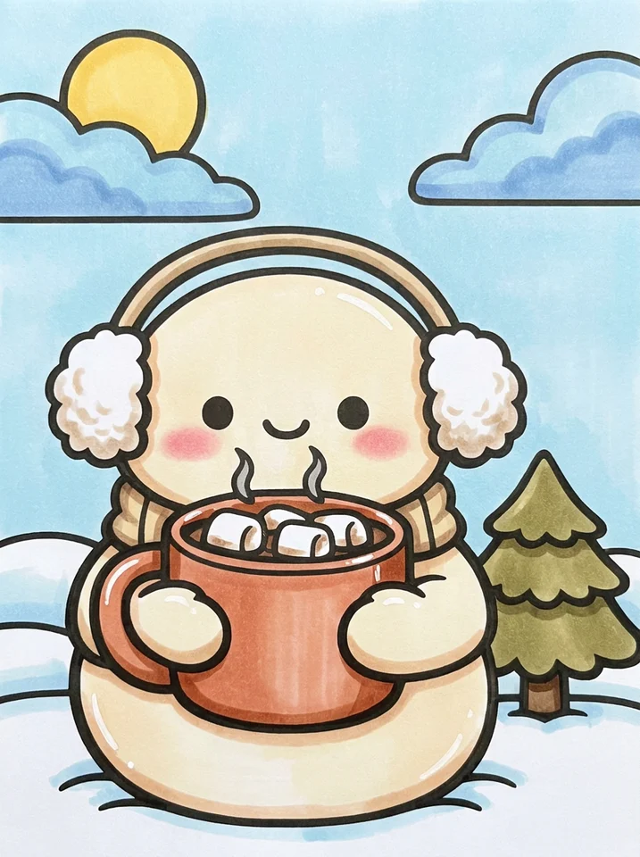 Snowman Holding Hot Cocoa coloring page, colored in