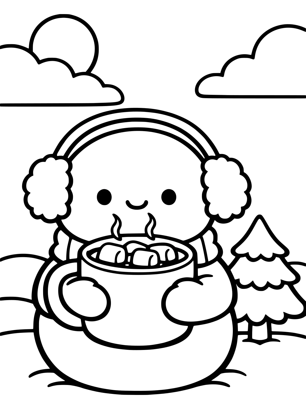 Blank coloring page of a snowman holding a mug of hot cocoa