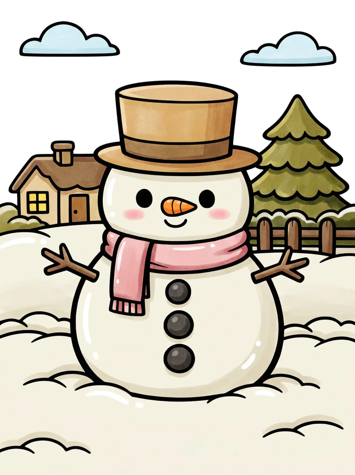 Snowman with a Top Hat and Scarf coloring page, colored in