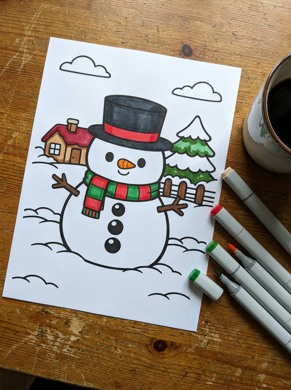 Snowman with a Top Hat and Scarf coloring page printed and half colored with markers