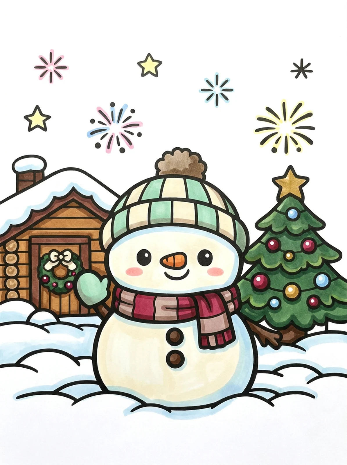 Snowy Cabin at Christmas coloring page, colored in