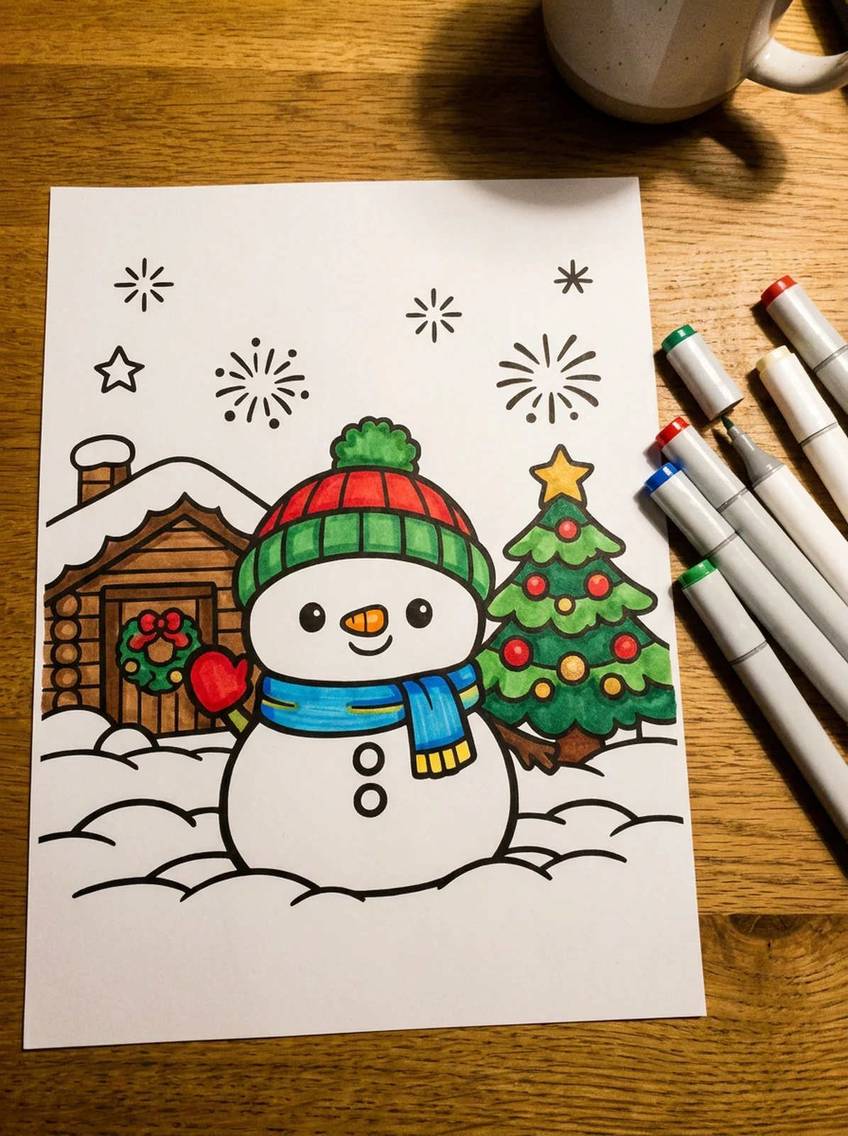 Snowy Cabin at Christmas coloring page printed and half colored with markers