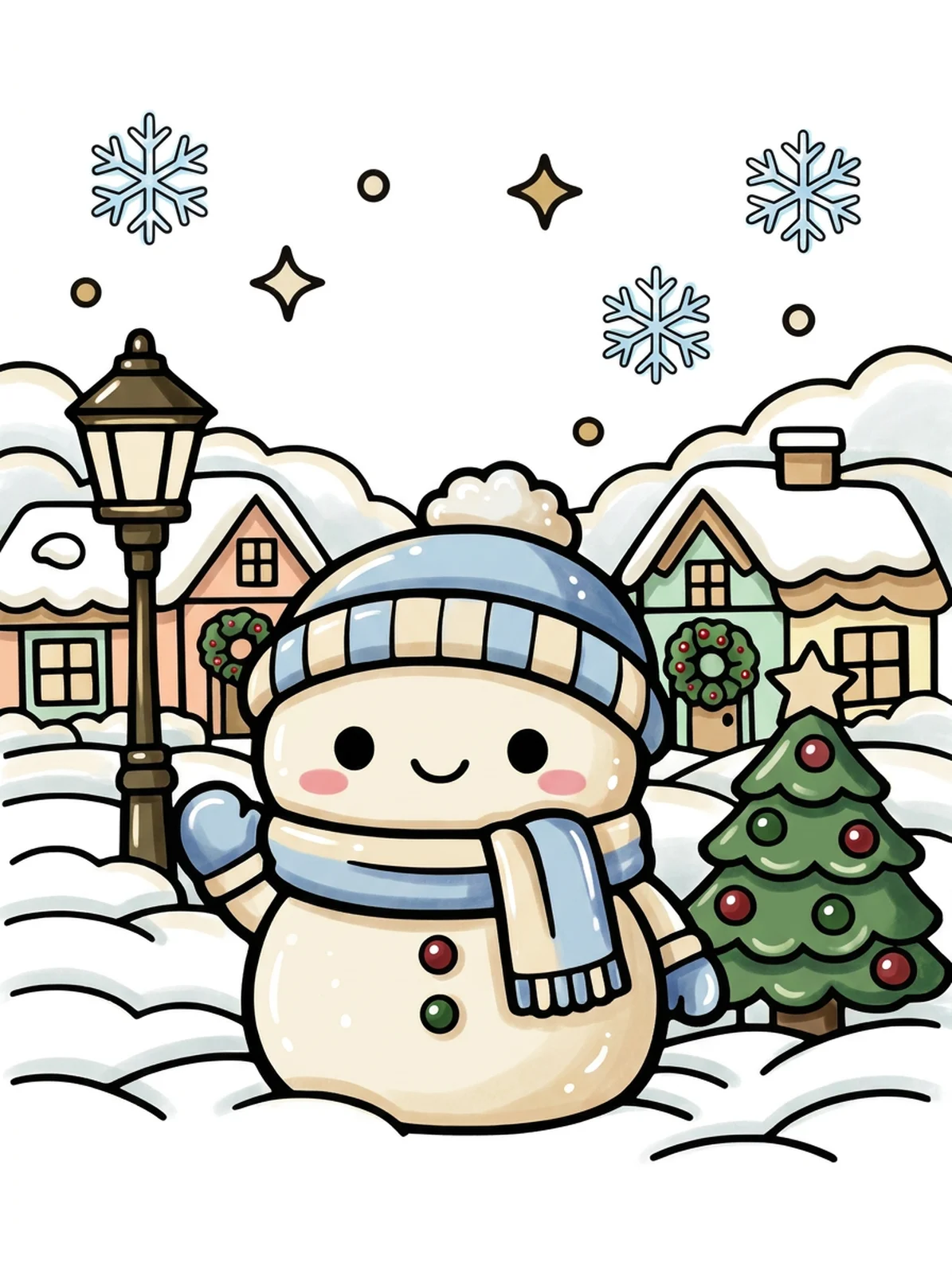 Snowy Christmas Village Street coloring page, colored in