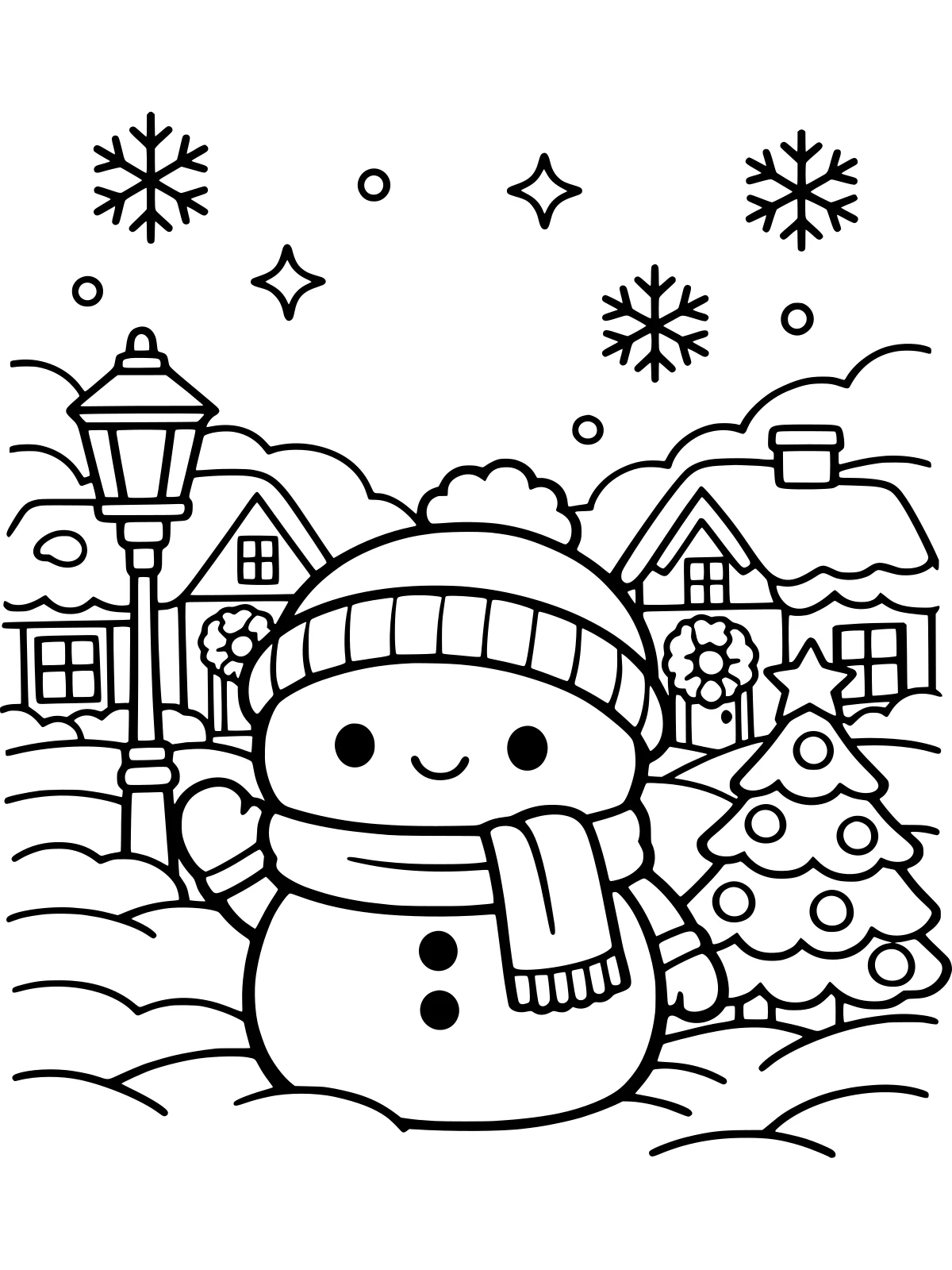 Snowy Christmas Village Street coloring page: a snowman in a beanie and scarf stands on a snowy village street lined with small houses wearing wreaths, with a lamp post, a decorated tree and snowflakes, bold and easy line art