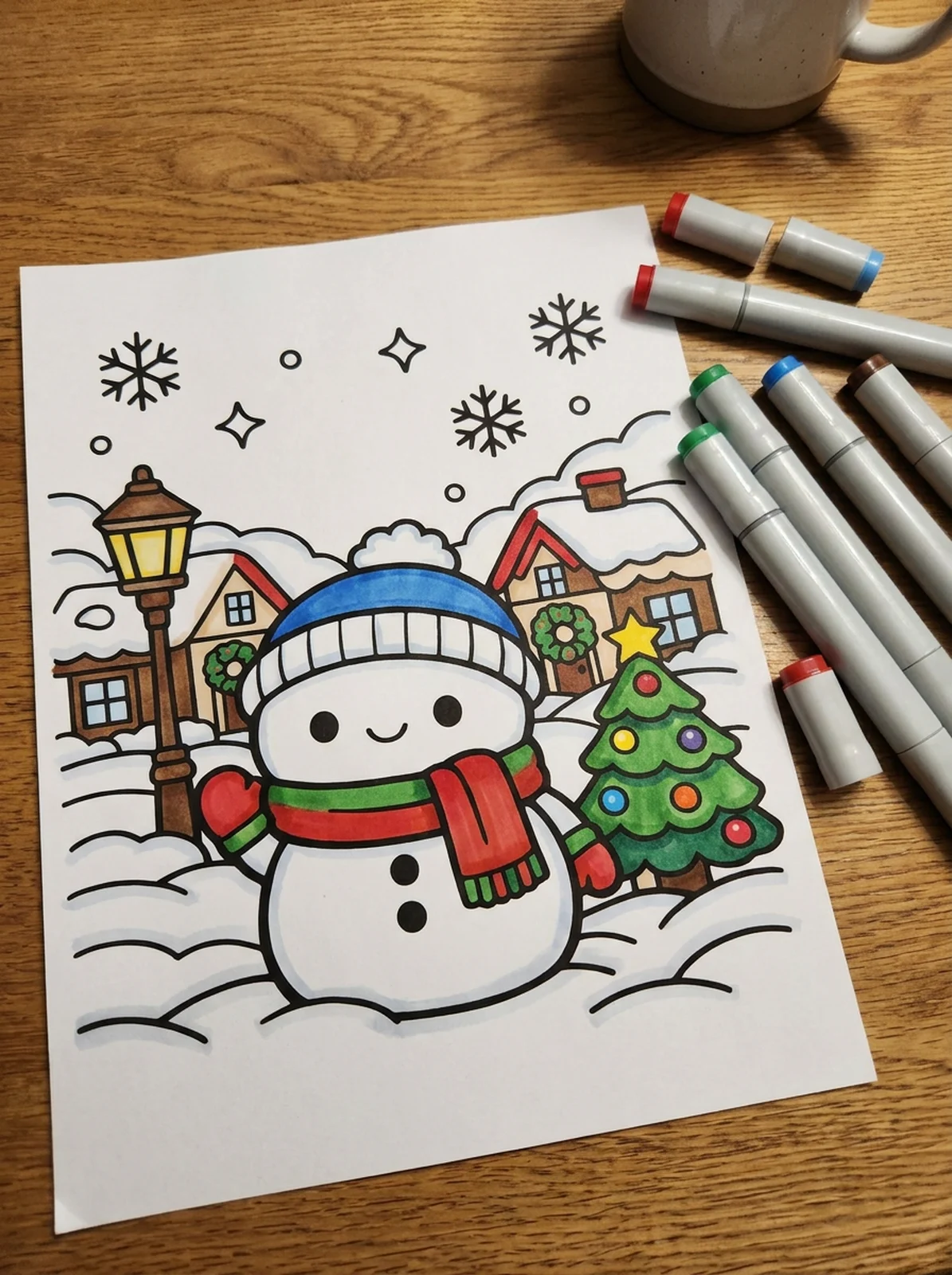Snowy Christmas Village Street coloring page printed and half colored with markers