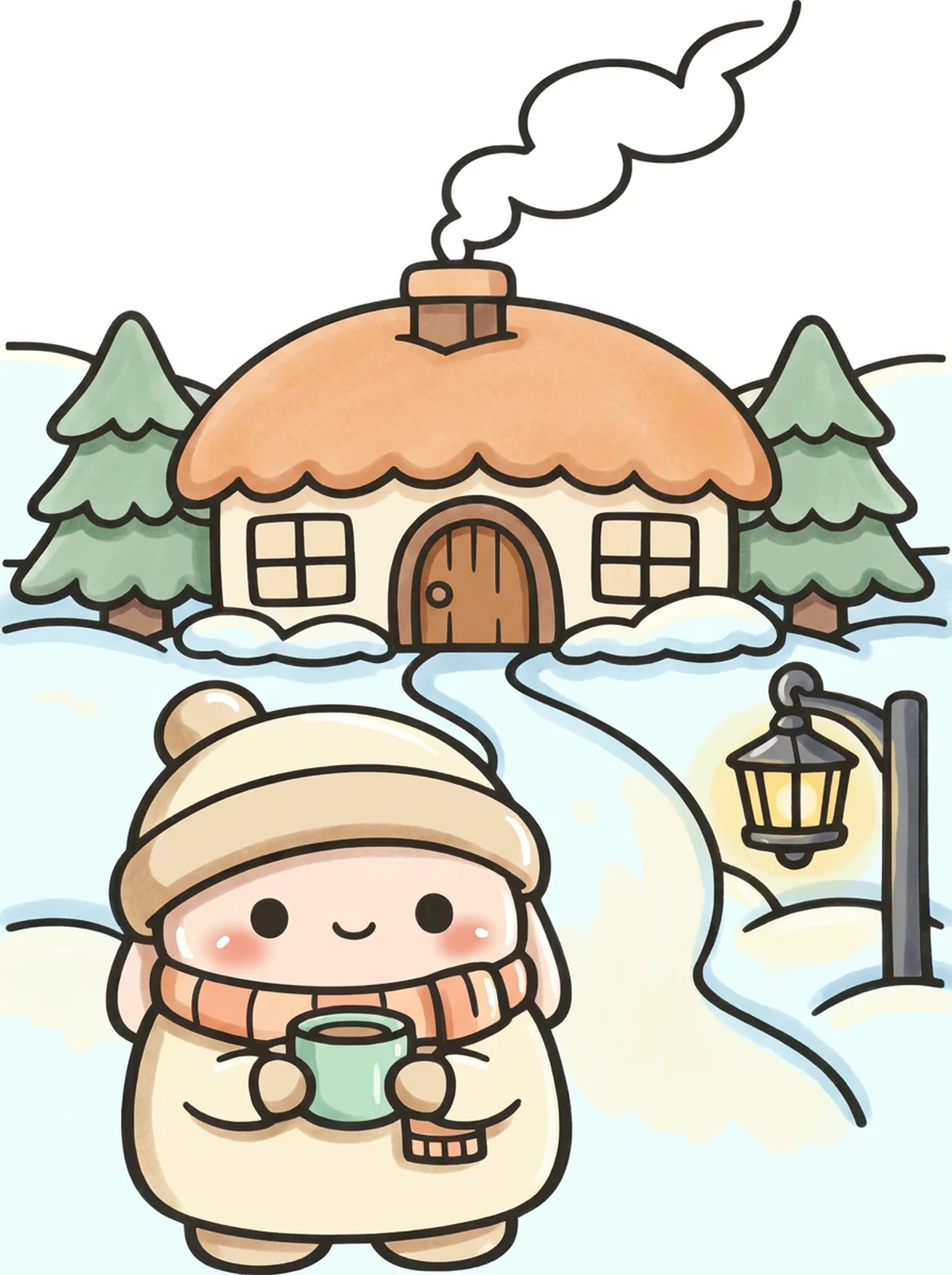 Snowy Cottage with a Smoking Chimney coloring page, colored in