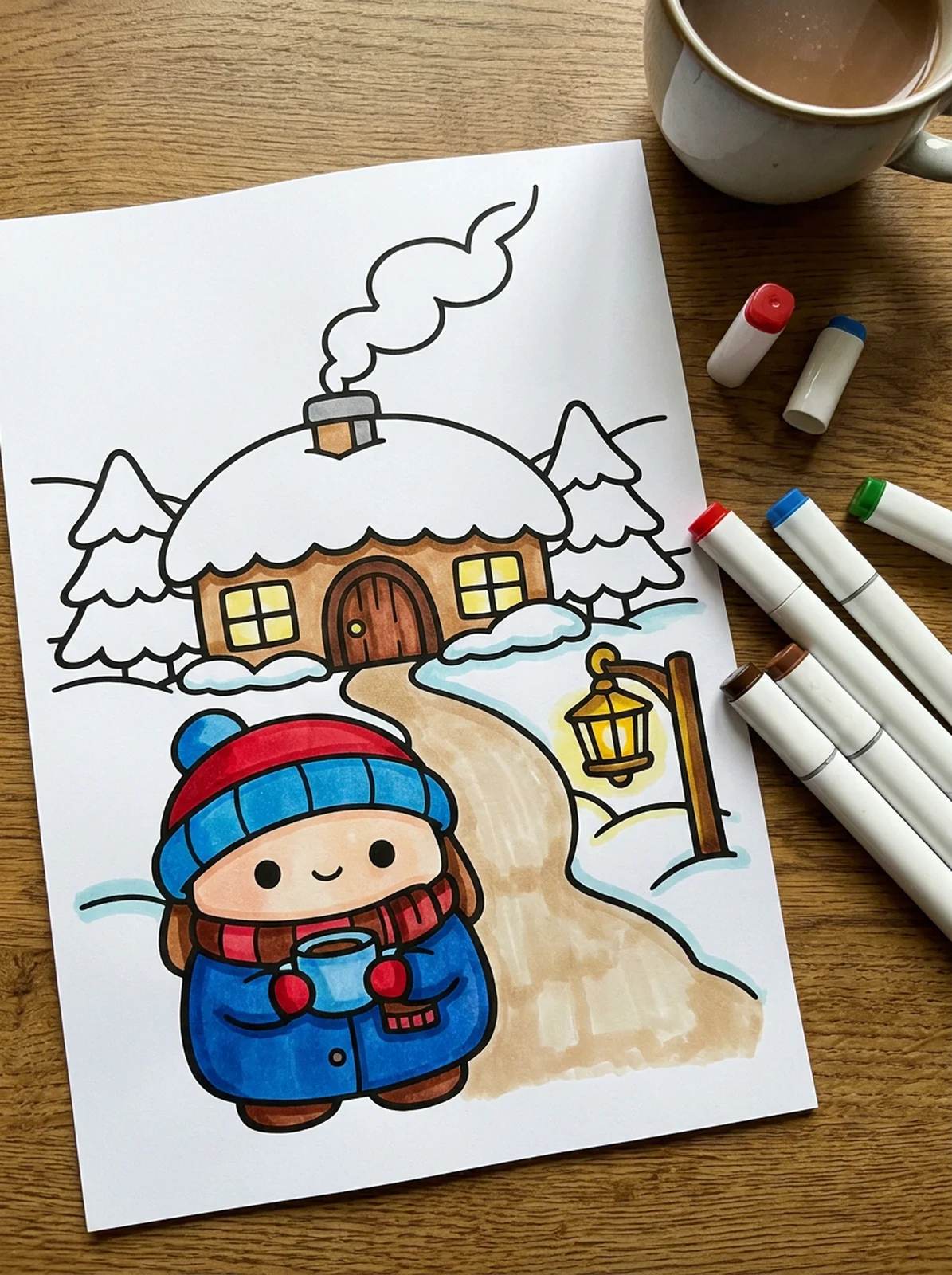 Snowy Cottage with a Smoking Chimney coloring page printed and half colored with markers