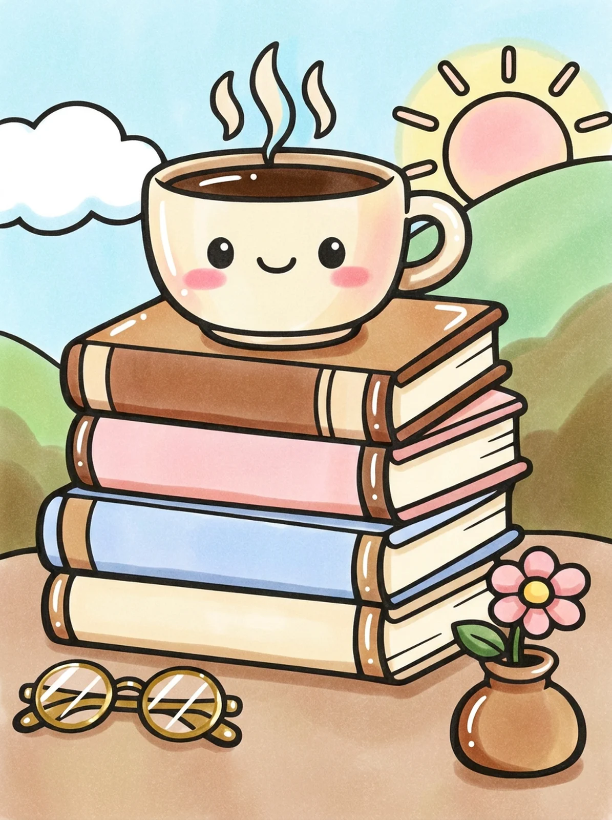 Book Stack with a Cup of Tea coloring page, colored in