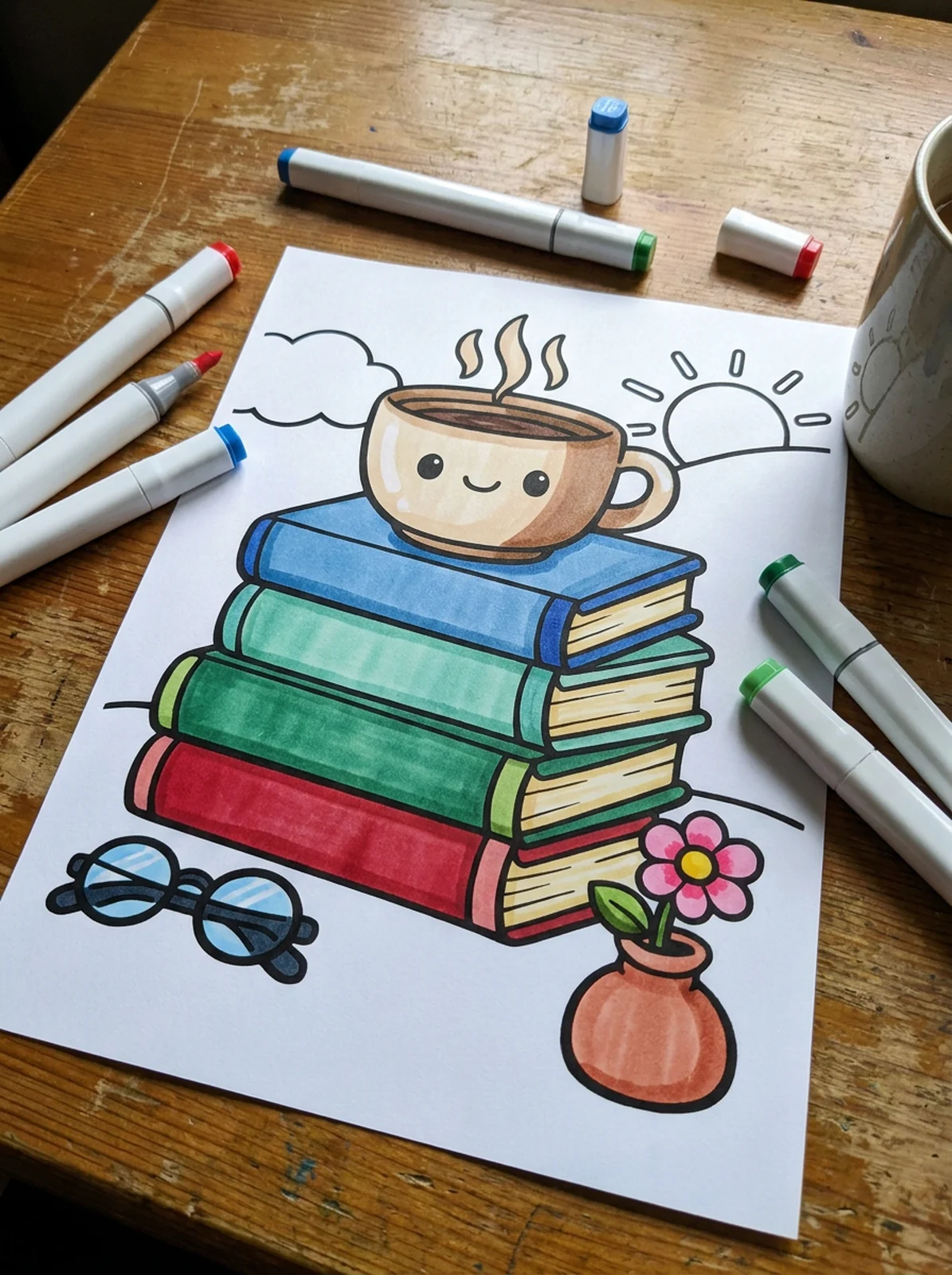 Book Stack with a Cup of Tea coloring page printed and half colored with markers