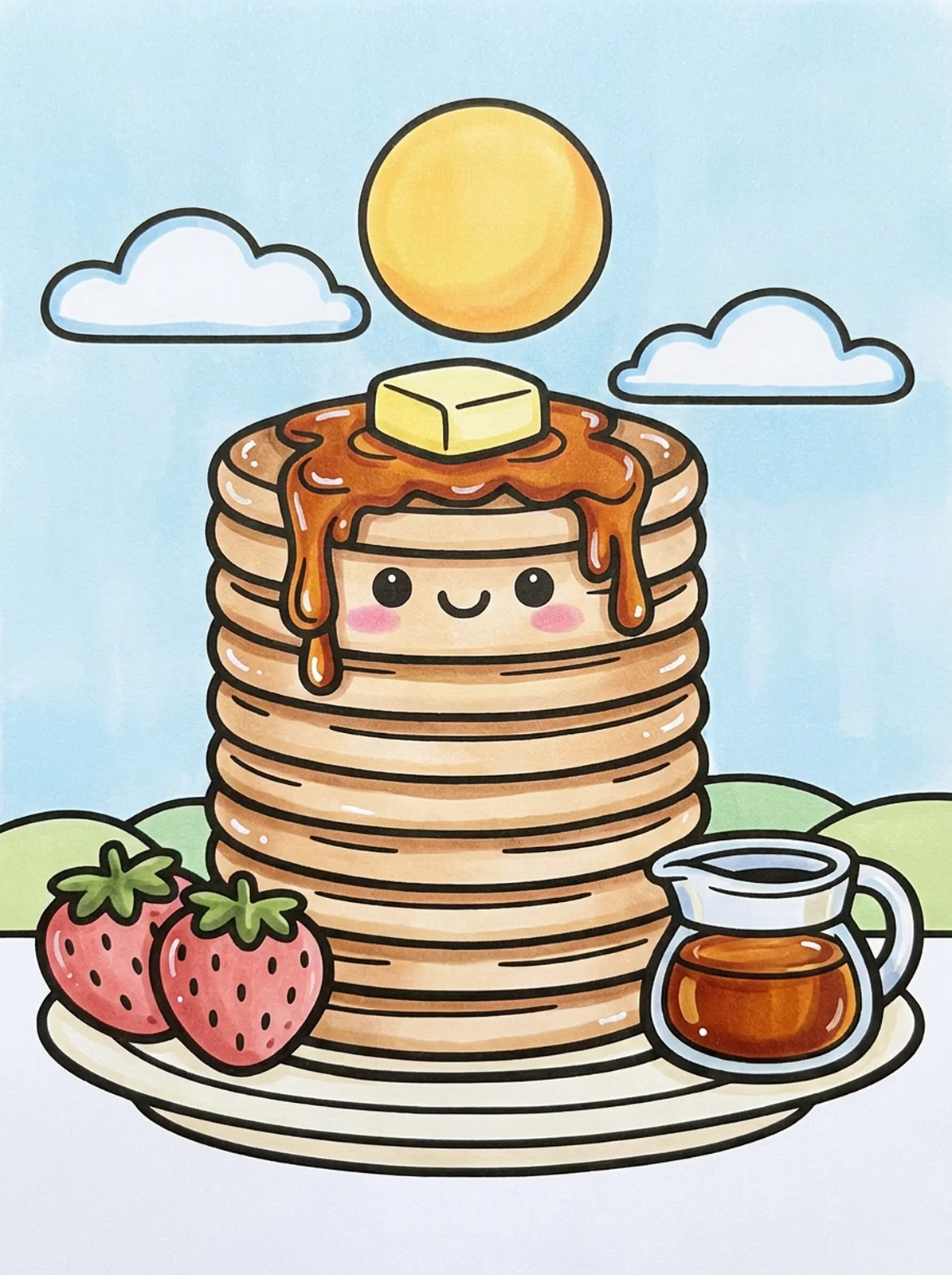 Stack of Pancakes with Syrup coloring page, colored in
