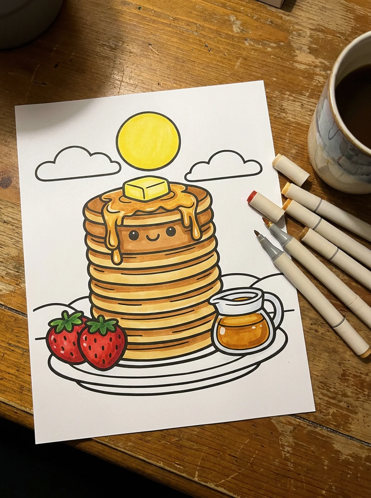 Stack of Pancakes with Syrup coloring page printed and half colored with markers