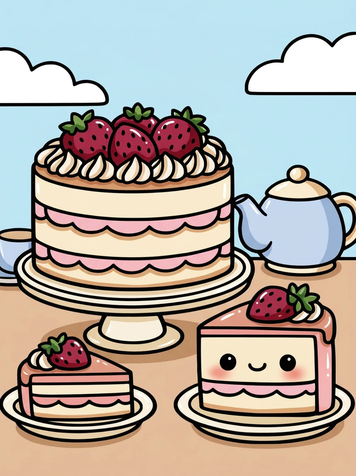 Strawberry Cake on a Cake Stand coloring page, colored in