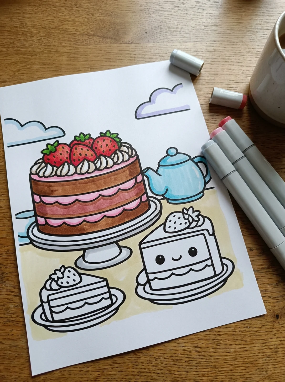 Strawberry Cake on a Cake Stand coloring page printed and half colored with markers