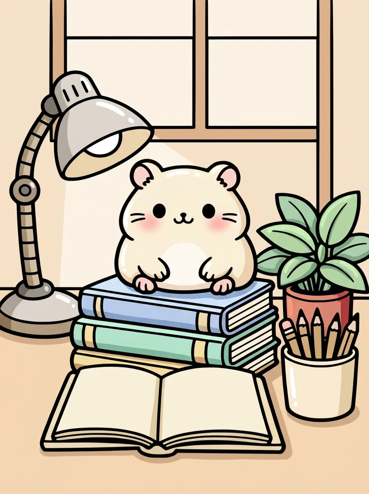 Study Desk with Books and a Lamp coloring page, colored in
