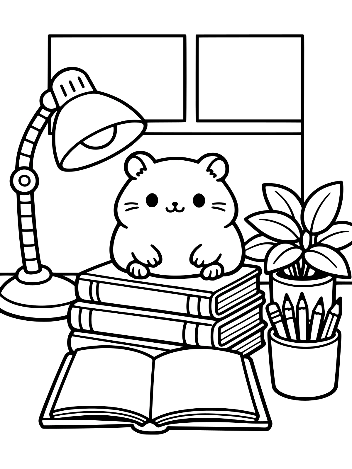 Study Desk with Books and a Lamp coloring page: a cozy study desk with a lamp, a stack of books, an open notebook, a mug of pencils, a plant and a hamster on the books, bold and easy line art