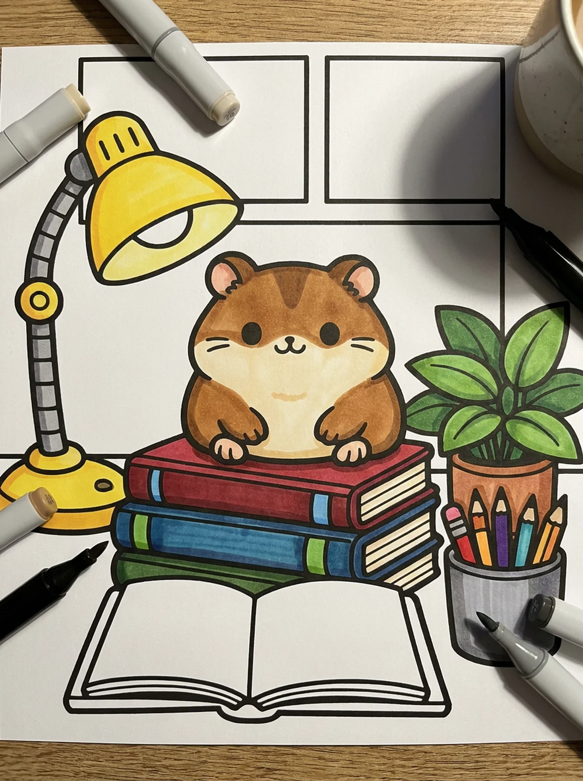 Study Desk with Books and a Lamp coloring page printed and half colored with markers
