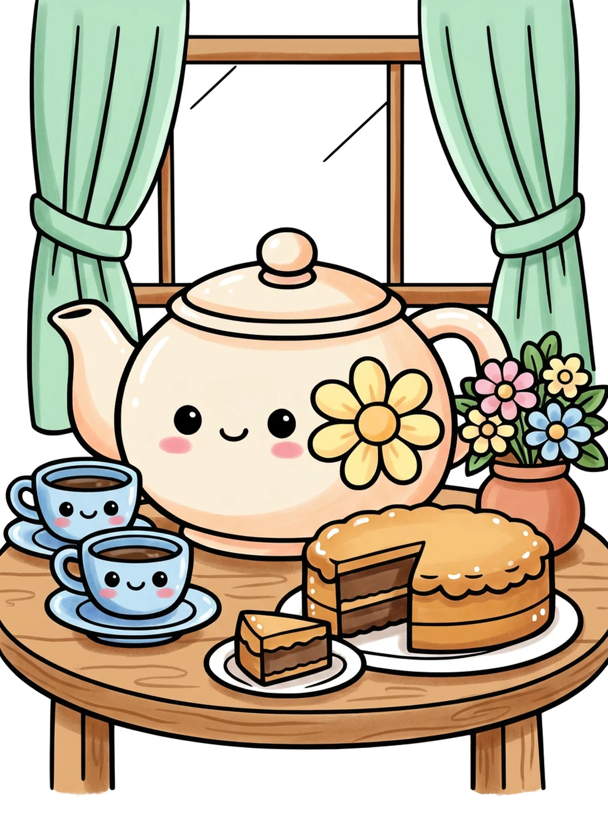 Teapot and Teacups with Lemon Cake coloring page, colored in