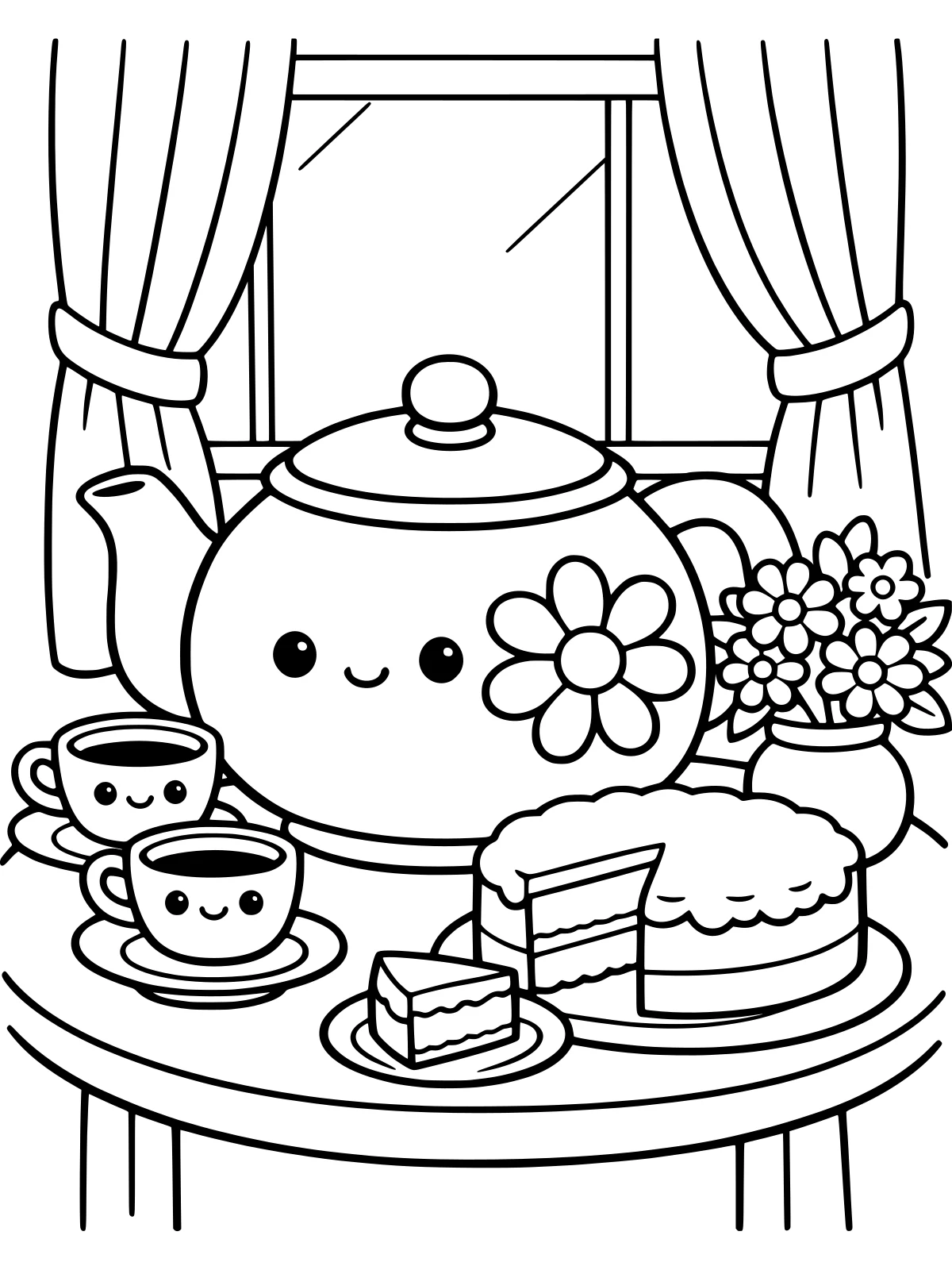 Teapot and Teacups with Lemon Cake coloring page: a big flowered teapot, two teacups and a lemon cake with a slice cut out on a small round table, by a vase of flowers and a window, bold and easy line art