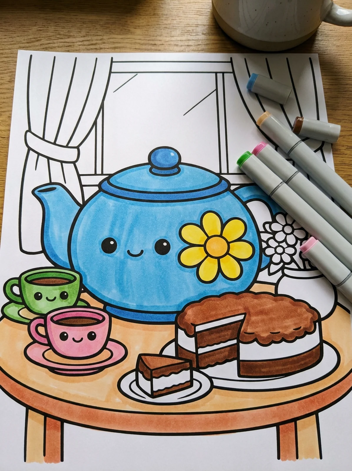 Teapot and Teacups with Lemon Cake coloring page printed and half colored with markers