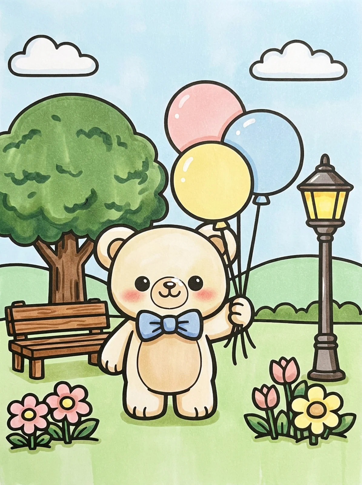 Teddy Bear Holding Balloons coloring page, colored in
