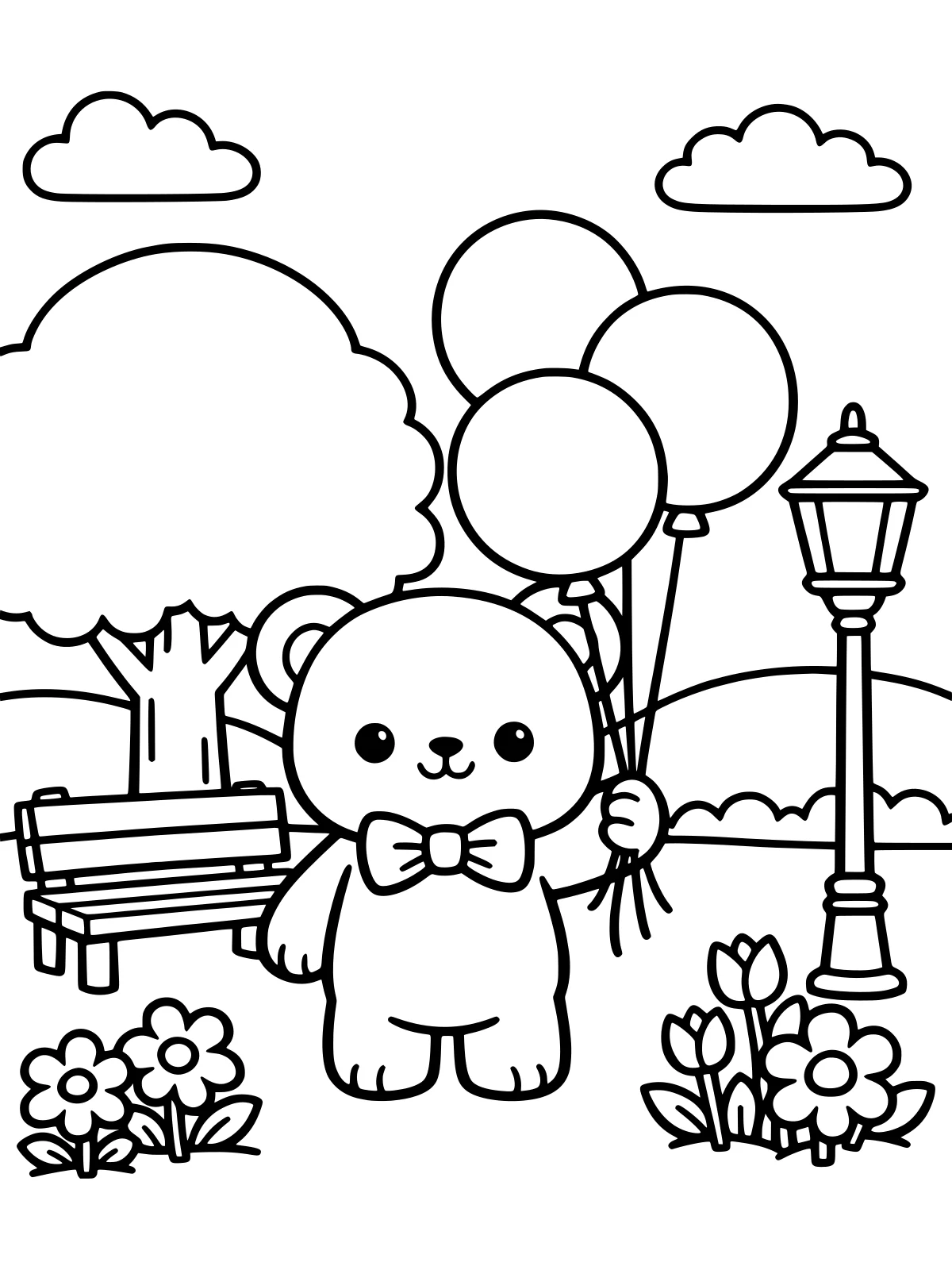 Teddy Bear Holding Balloons coloring page: a cute teddy bear with a bow tie holds three big balloons in a park, with a bench, a lamp post, a big round tree and flowers, bold and easy line art