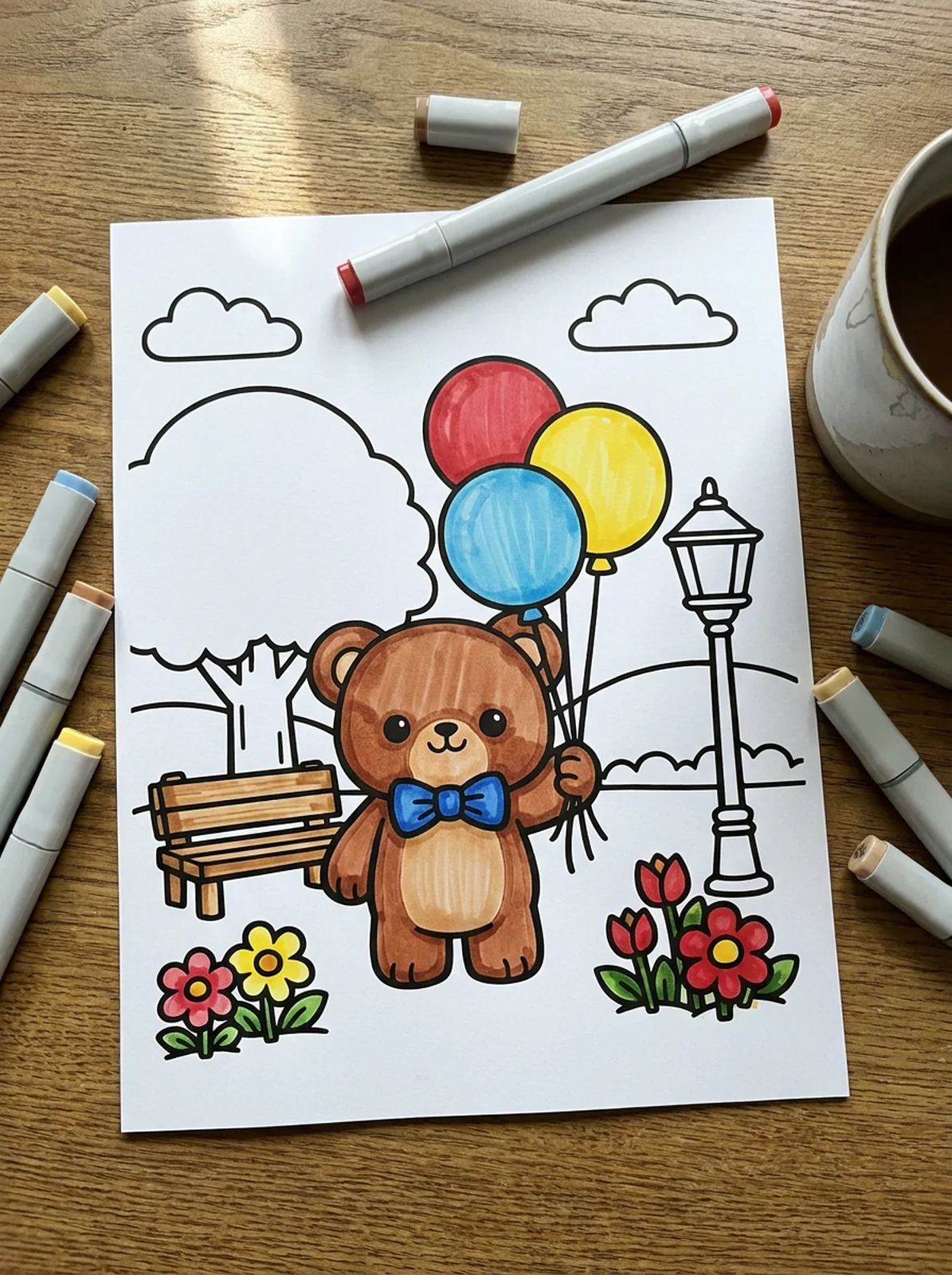 Teddy Bear Holding Balloons coloring page printed and half colored with markers