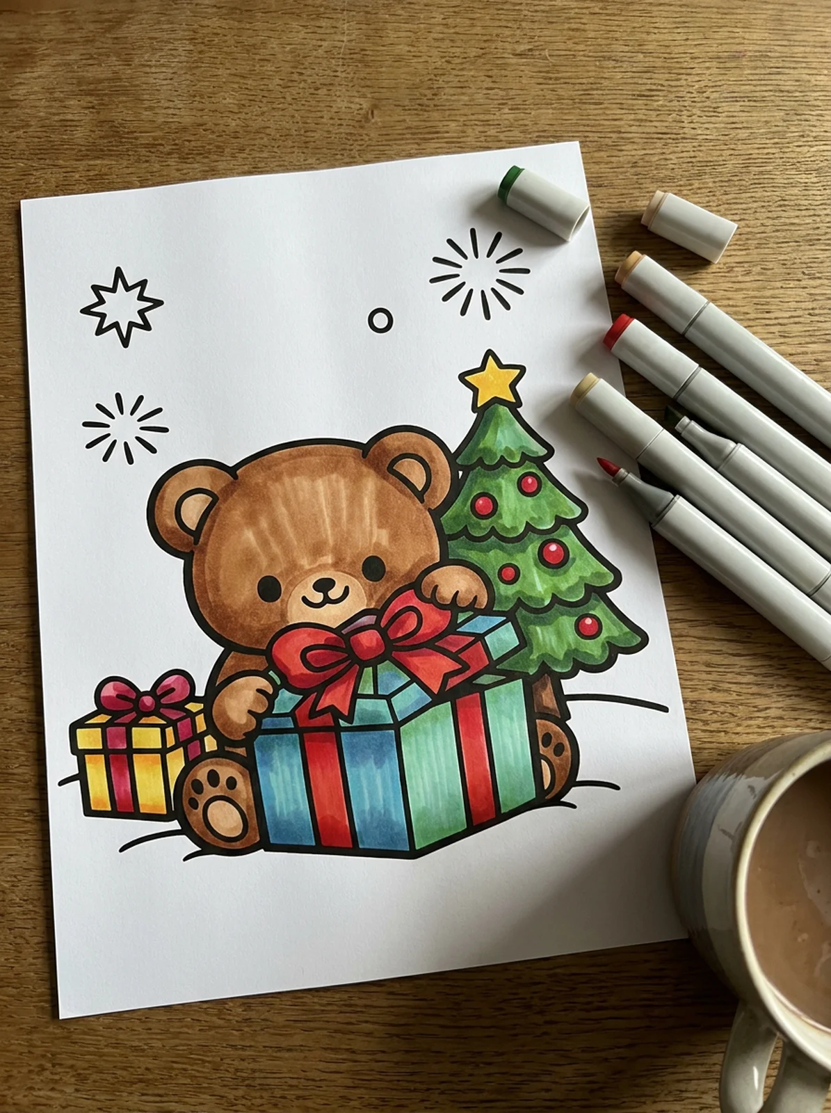 Teddy Bear Opening Christmas Presents coloring page printed and half colored with markers