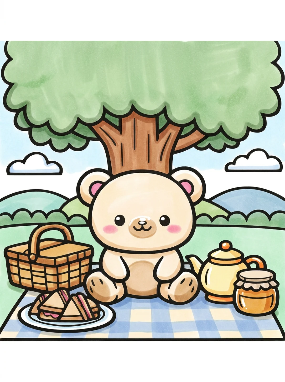 Teddy Bear Picnic coloring page, colored in