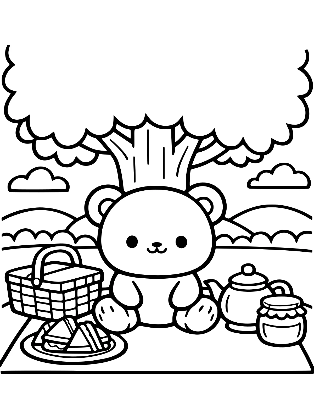 Teddy Bear Picnic coloring page: a teddy bear sits on a picnic blanket with a basket, a plate of sandwiches, a teapot and a jar of honey under a big tree, bold and easy line art