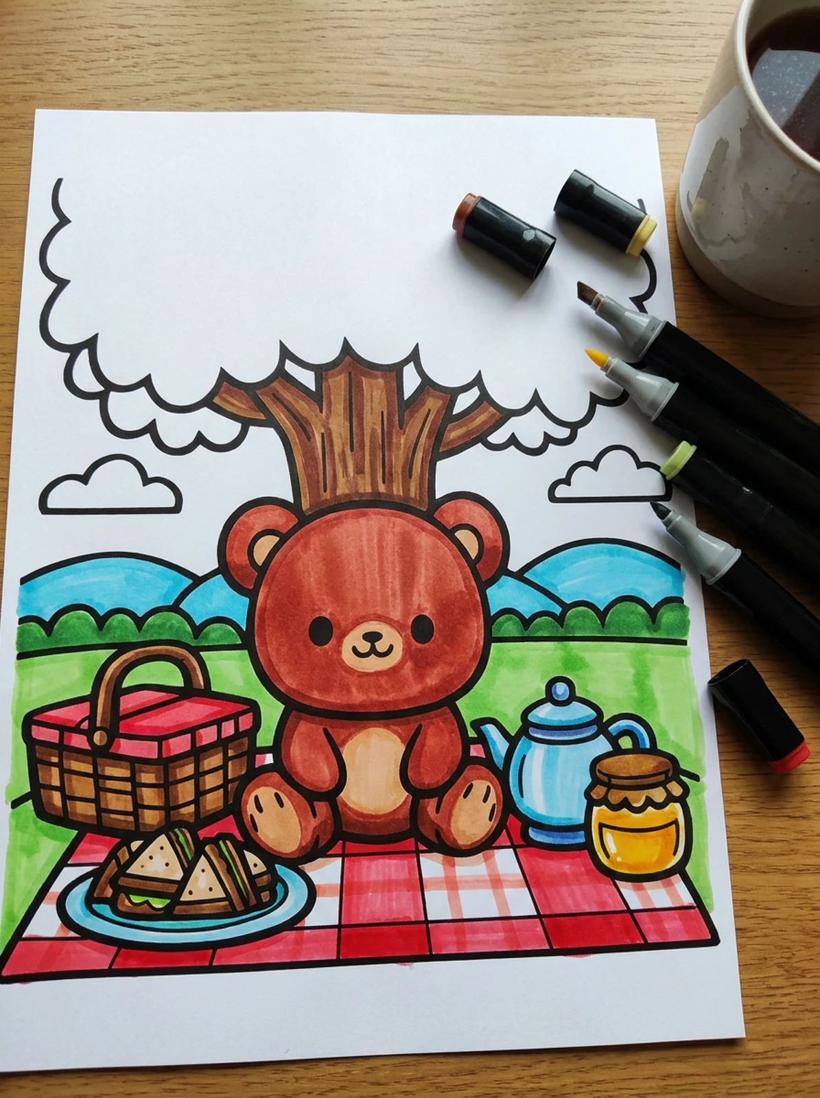 Teddy Bear Picnic coloring page printed and half colored with markers