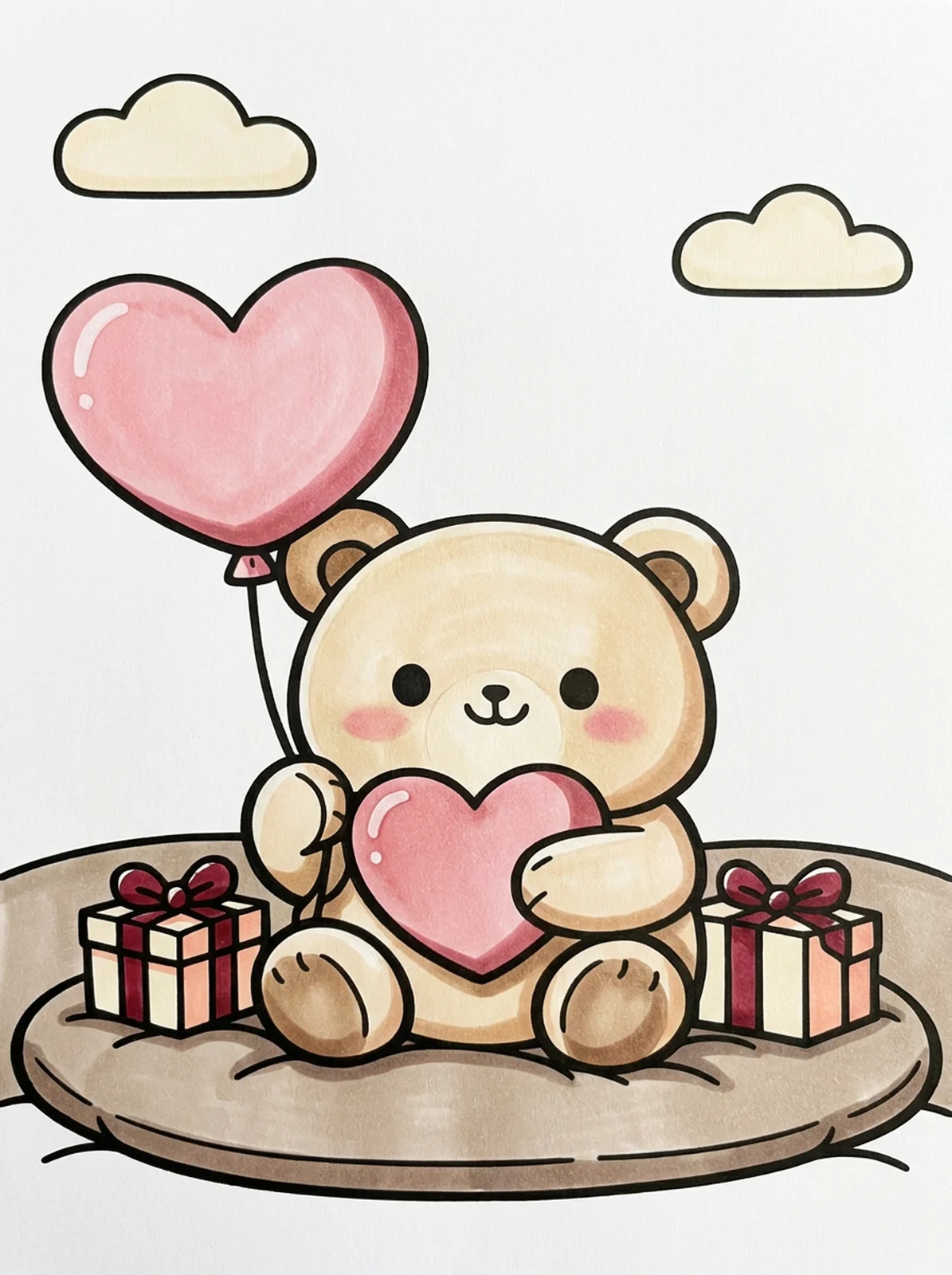 Teddy Bear with a Heart Balloon coloring page, colored in