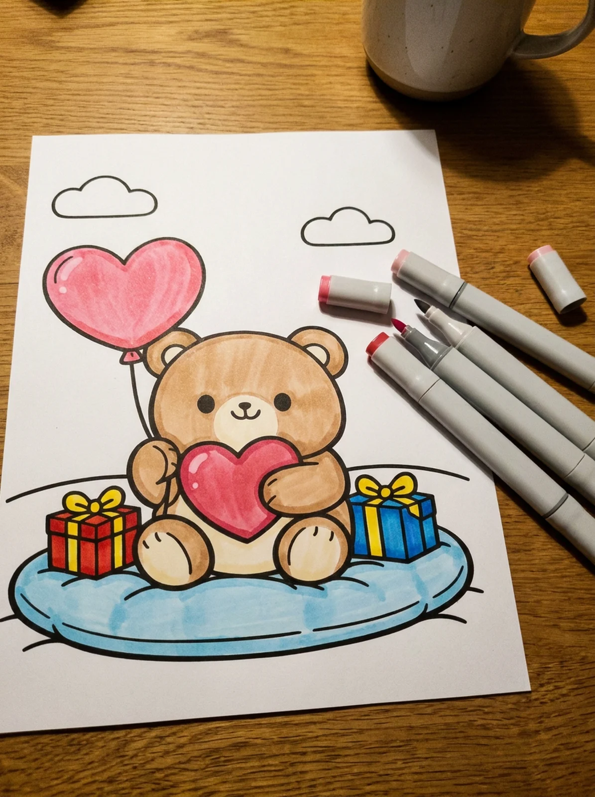 Teddy Bear with a Heart Balloon coloring page printed and half colored with markers