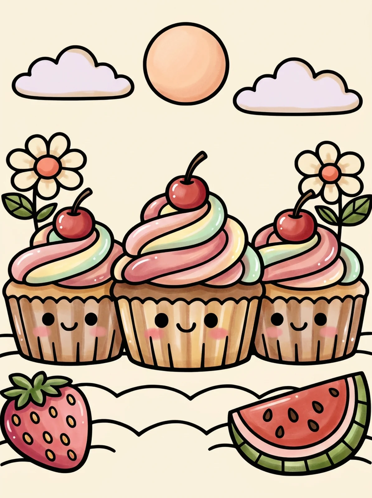 Three Cupcakes with Cherries coloring page, colored in